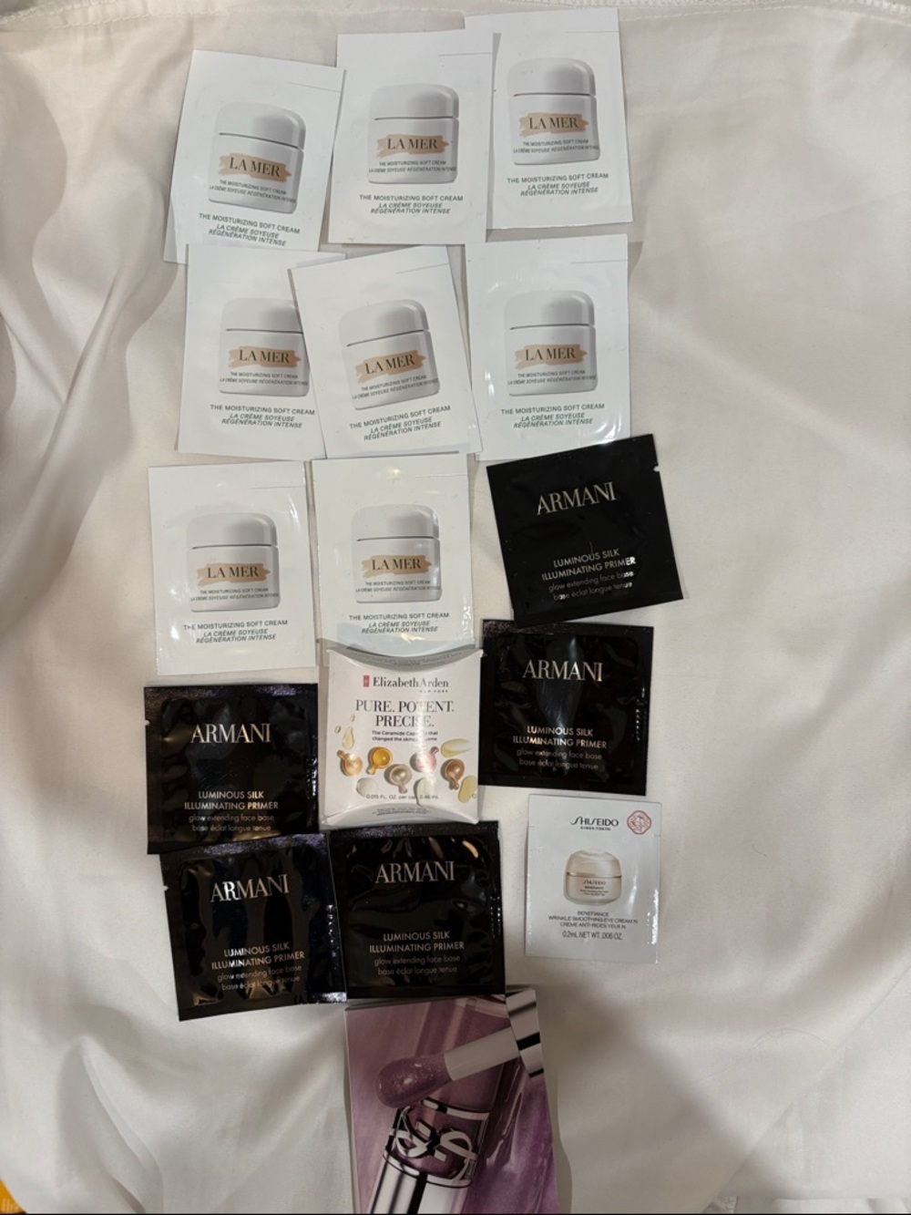 Sephora Samples Luxury, 9 La Mer, 5 Armani, 1 Elizabeth Arden, 1 Shiseido, 1 YSL